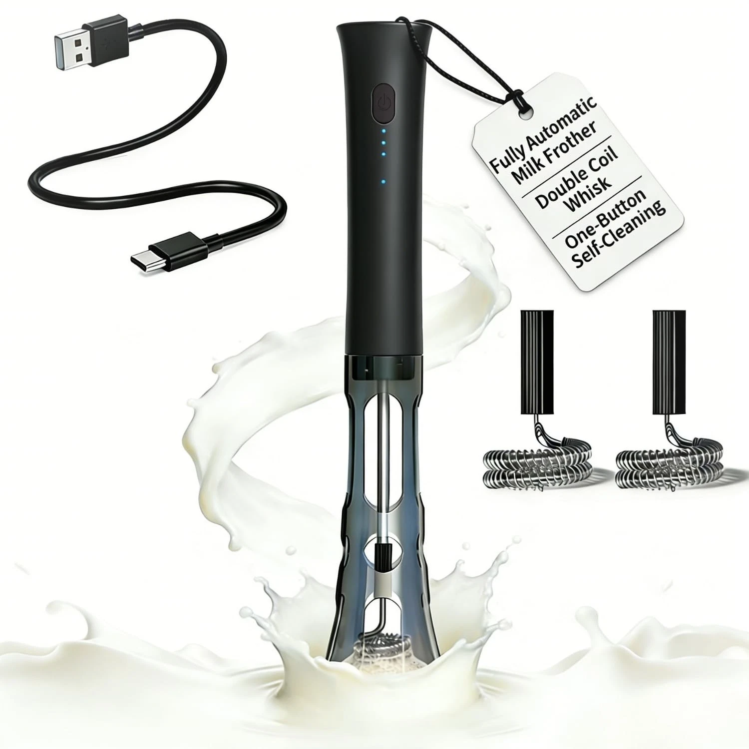 Milk Frother Handheld Rechargeable, Low Noise Frother Wand with Hands-Stand, ...