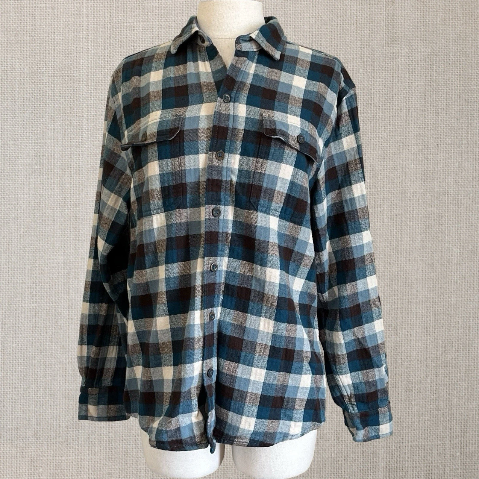 Woolrich Outdoors Dark Teal Plaid Button Up Cotton Flannel Shirt Mens Size M
