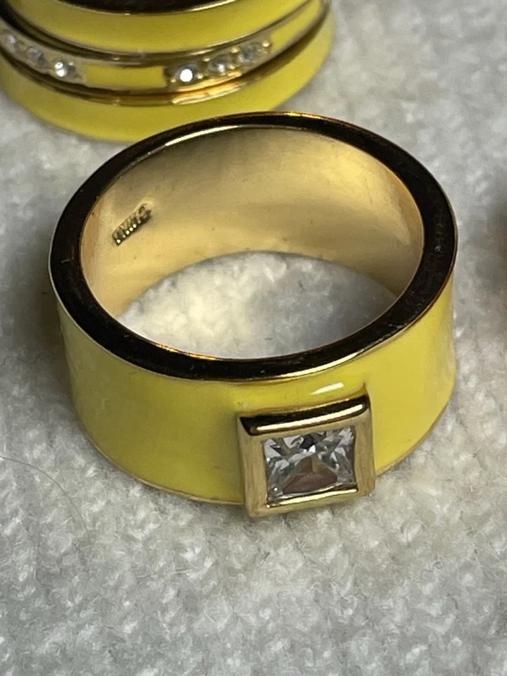 黄色和橙色珐琅 6 件套戒指套装。 花卉、宽带和可堆叠 — 第 4/4 张图片