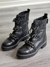 Kurt Geiger London Women's Stom Black Combat Chunky Chain Leather Boot. Sz 8.5