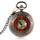 Bronze Wood Circle Men's Hand-winding Mechanical Pocket Watch with Chain reloj
