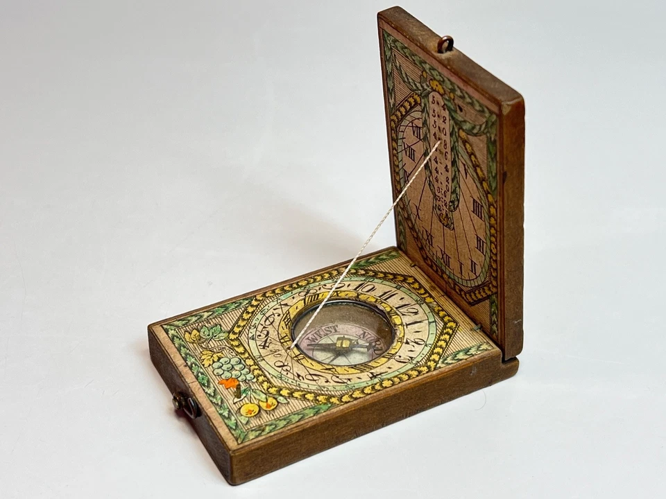 18c.Antique German Wооden Folding Dyptich Pocket Compass Sundial Painted Dail - Image 4 of 4