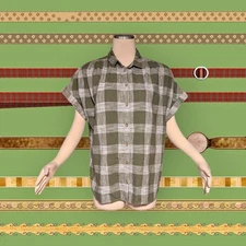 TIME And TRU Cotton Linen PLAID Army Green Button Up SHORT SLEEVE Top Women's L