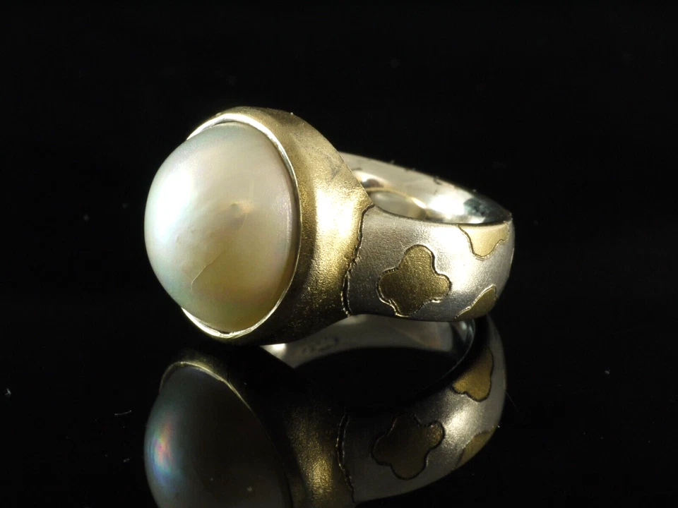 925 Sterlingsilber Ring mit Mabe Perle vergoldete Fassung und Leo Muster Gr 54 - Bild 2 von 4