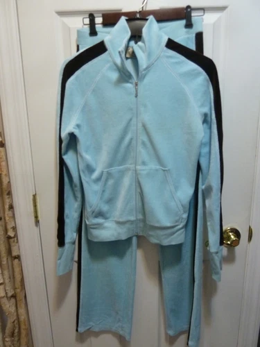 Juicy Couture VINTAGE Velour Tracksuit: Jacket M & Pant P LT BLUE w/ STRIPE~NWT