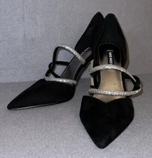 NINE WEST Women's Sparks Pump Black Suede size 7 M pointed toe rhinestone strap