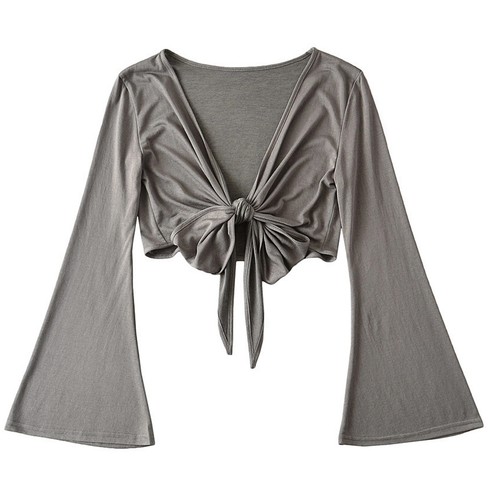 Women Ballet Wrap Top Long Flare Sleeve Yoga Dance Crop V Neck Soft Shirts - Picture 22 of 30