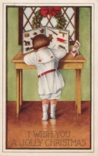 Postcard Little Girl Looking Christmas Album Jolly Christmas