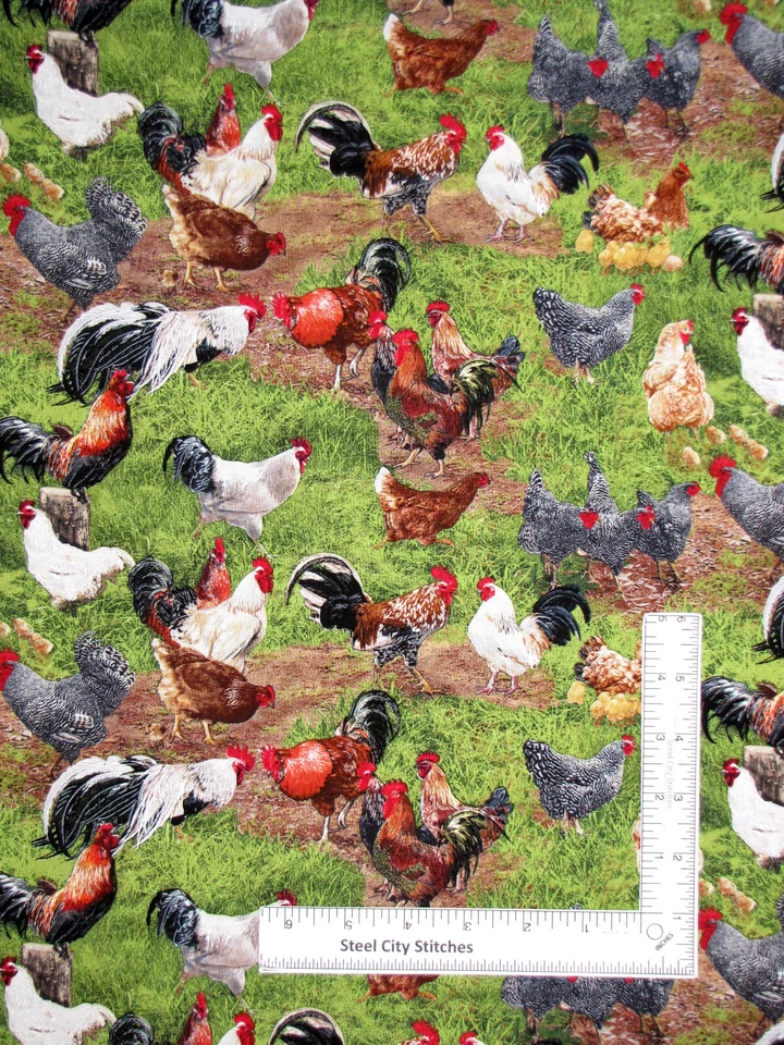 Animales de granja gallos pollo tela pájaros 354 algodón Elizabeths estudio por yarda Foto 2 de 2