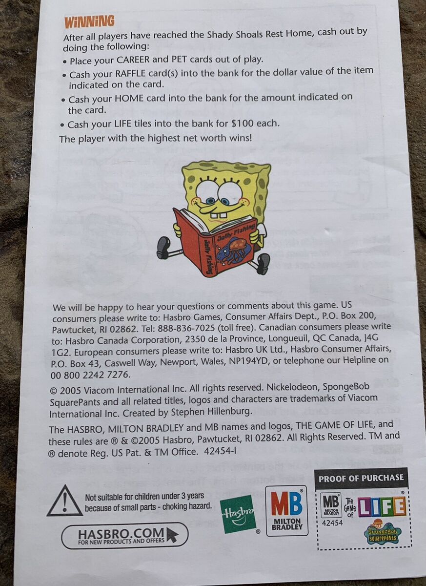 Life the Game of Spongebob Squarepants Instructions - Hasbro