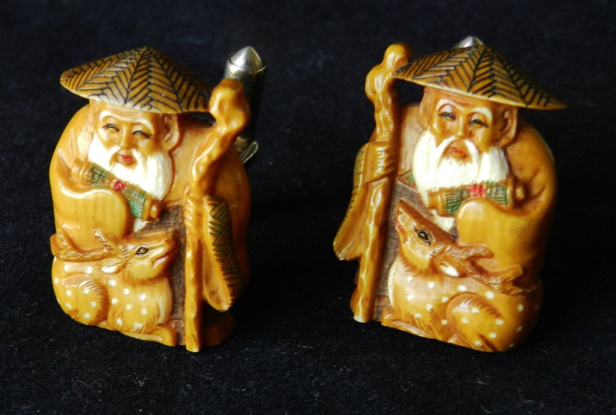 ●●●プリン●●● プリンとサン 座アス Antique Japanese Jurojin Netsuke Wood