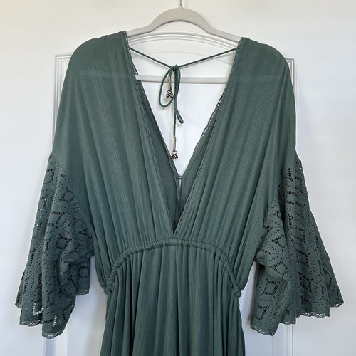 Free People Angela Jumpsuit Sz Small Wide Leg Green Boho Lace Ruffle Festival - Picture 9 of 17