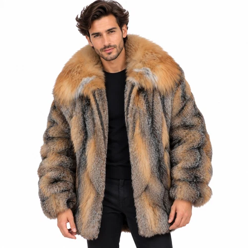 Mens Red Grey Fox Fur Bomber Jacket With Fox Collar Luxury Winter Coat Outerwear - product listing photo
