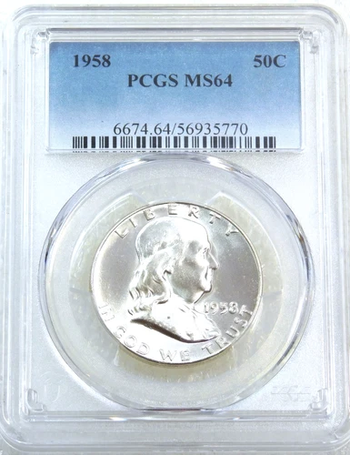 1958 P Franklin Half Dollar PCGS MS64 95% FBL White Frosty Luster PQ #V282S