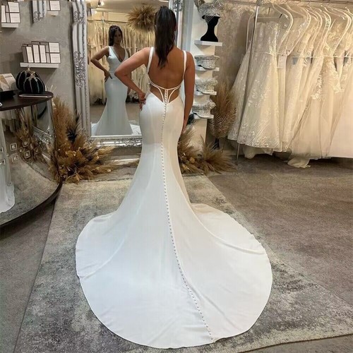 Sexy Mermaid Wedding Dress Deep V Neck Backless Sweep Train Satin Bridal Gown - Picture 3 of 4