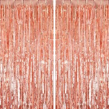 2 Pack Rose Gold Fringe Curtains Foil Shiny Backdrop Tinsel
