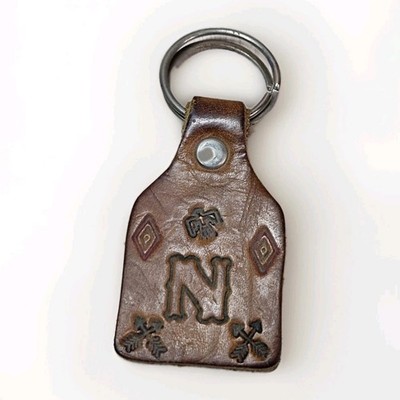Vintage Tooled Leather Keychain N Initial Western Southwestern Style