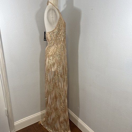 Nasty Gal Dress Womens 14 Gold Sequins Halter Double Slit Glitzy Party - Picture 2 of 16