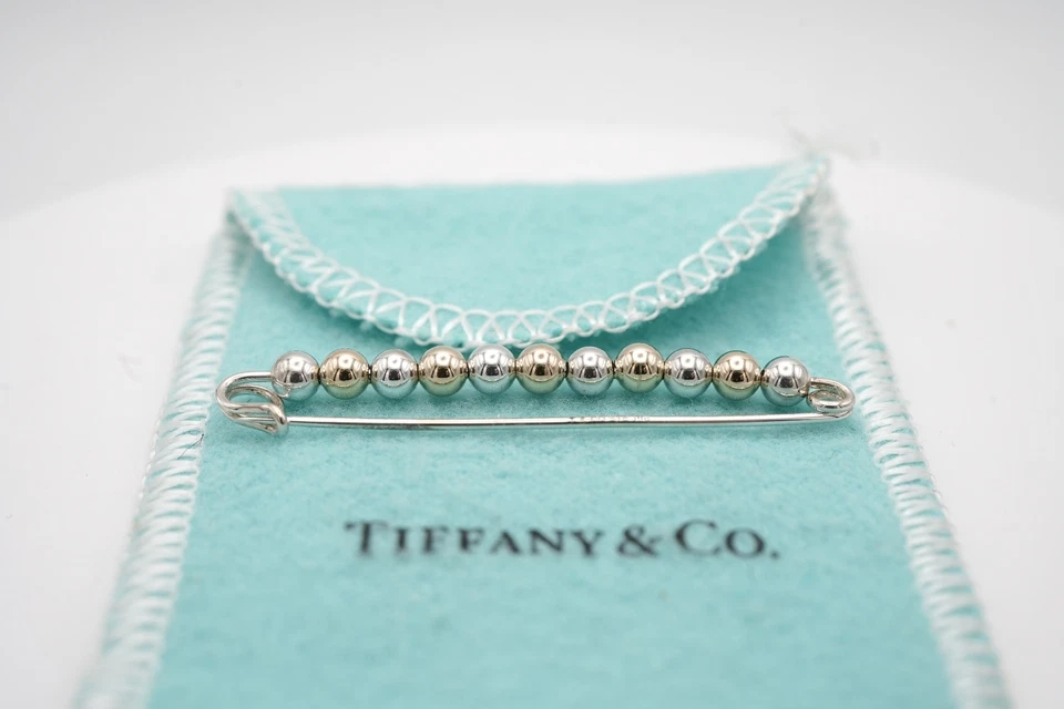 Tiffany & Co 14K Yellow Gold and 925 Sterling Silver Beaded Safety Pin - Image 3 of 4