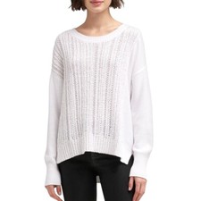 DKNY DONNA KARAN Women's WHITE Open knit, Hi-low Crewneck Sweater Top SZ M NWT