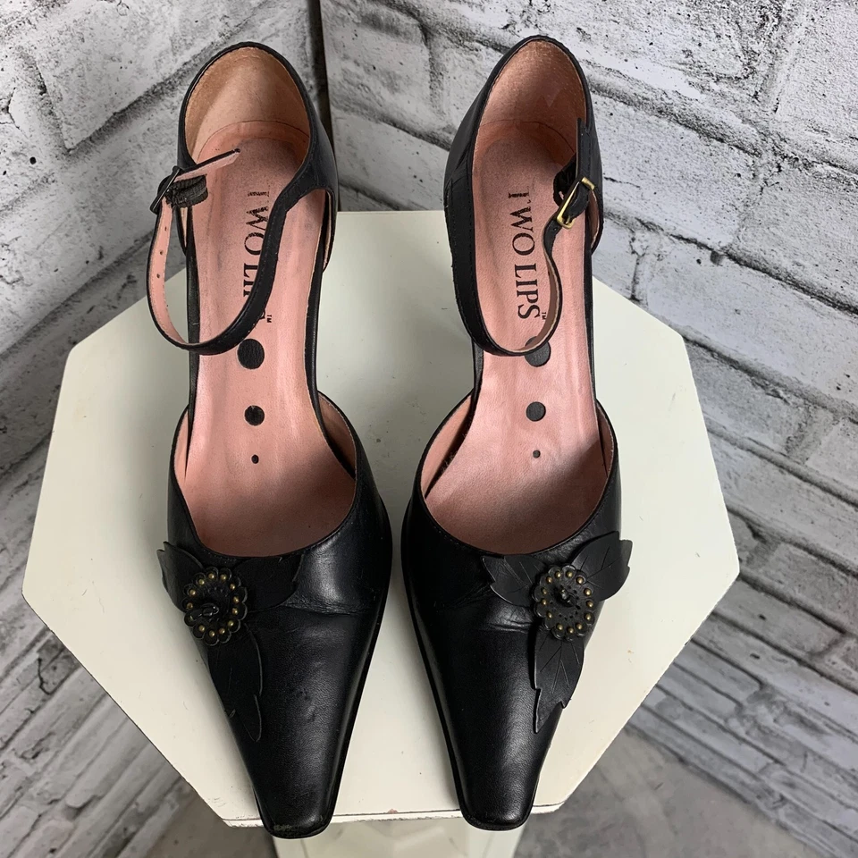 De Colección Cuero Negro Punta Tobillo Correa Bomba Retro Artístico Tacón Alto Bruja 6.5 Foto 2 de 4