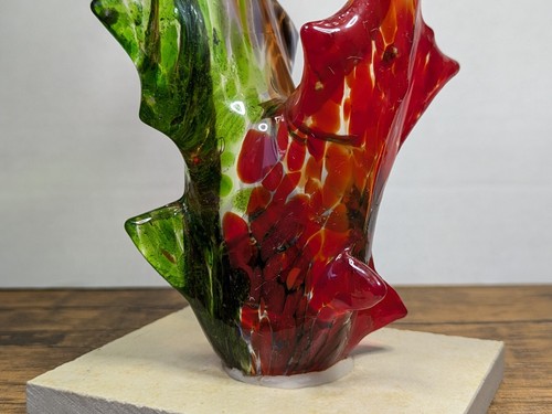 8¾" Glass Art Deco Sculpture w/ Base, Hand Crafted Abstract, Green Red Purple - Picture 12 of 19