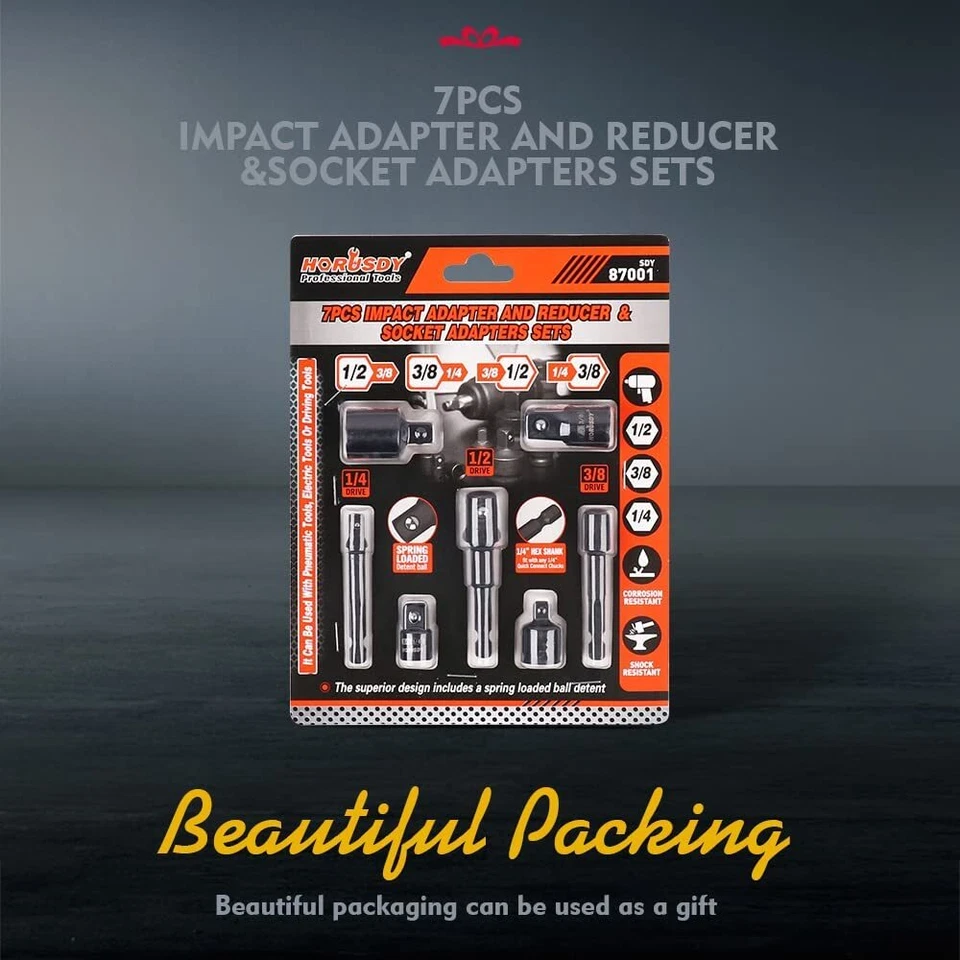 HORUSDY 7PC Power Drill Impact Sockets Adapter Set 1/4" 3/8" 1/2" Driver Reducer - Image 2 of 4