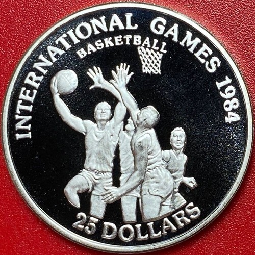 1984 LIBERIA $25 SILVER DEEP CAMEO PROOF BASKETBALL PLAYERS SPORT GAME RARE COIN - Picture 3 of 4