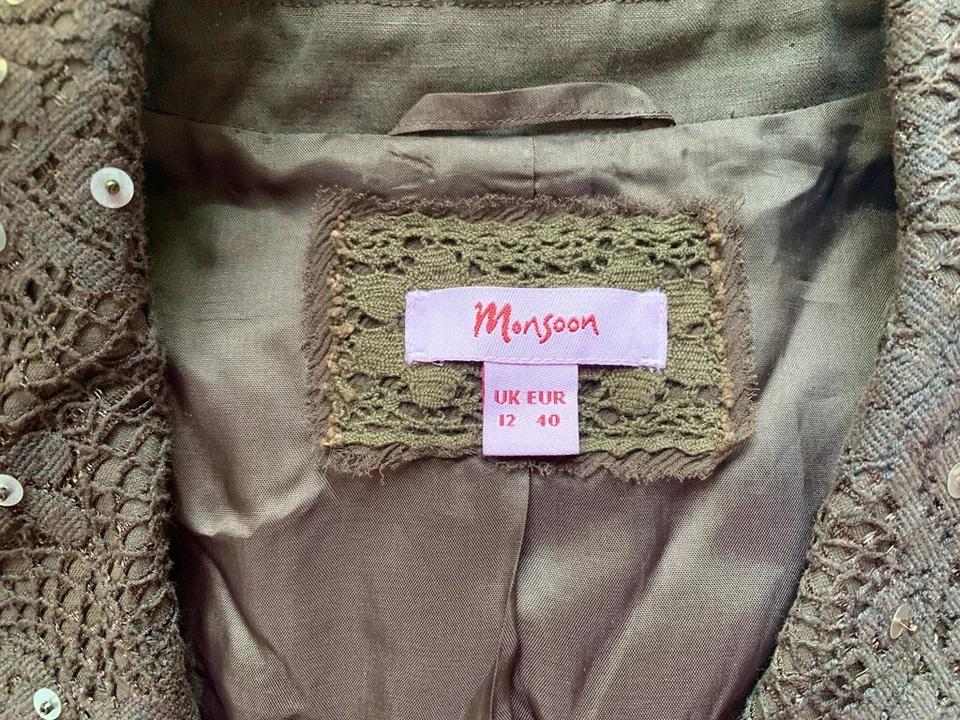 MONSOON Jacket 12 Brown Silk Linen Embroidered Lace Sequin Tie Long Sleeve - Image 2 of 4
