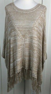 New York & Co Poncho Style Sweater Beige Crochet Fringe Dolman Sleeve Women's L | eBay