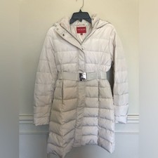 Guess Women’s Puffer Jacket Coat Belted Ivory Gold Hardware Small