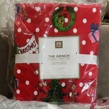 Pottery Barn Teen KIDS Grinch festive dot FULL flannel SHEET set CHRISTMAS red