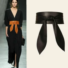 Women Fashion Faux Leather Wide Waist Belt Wrap Around Self Tie waistband