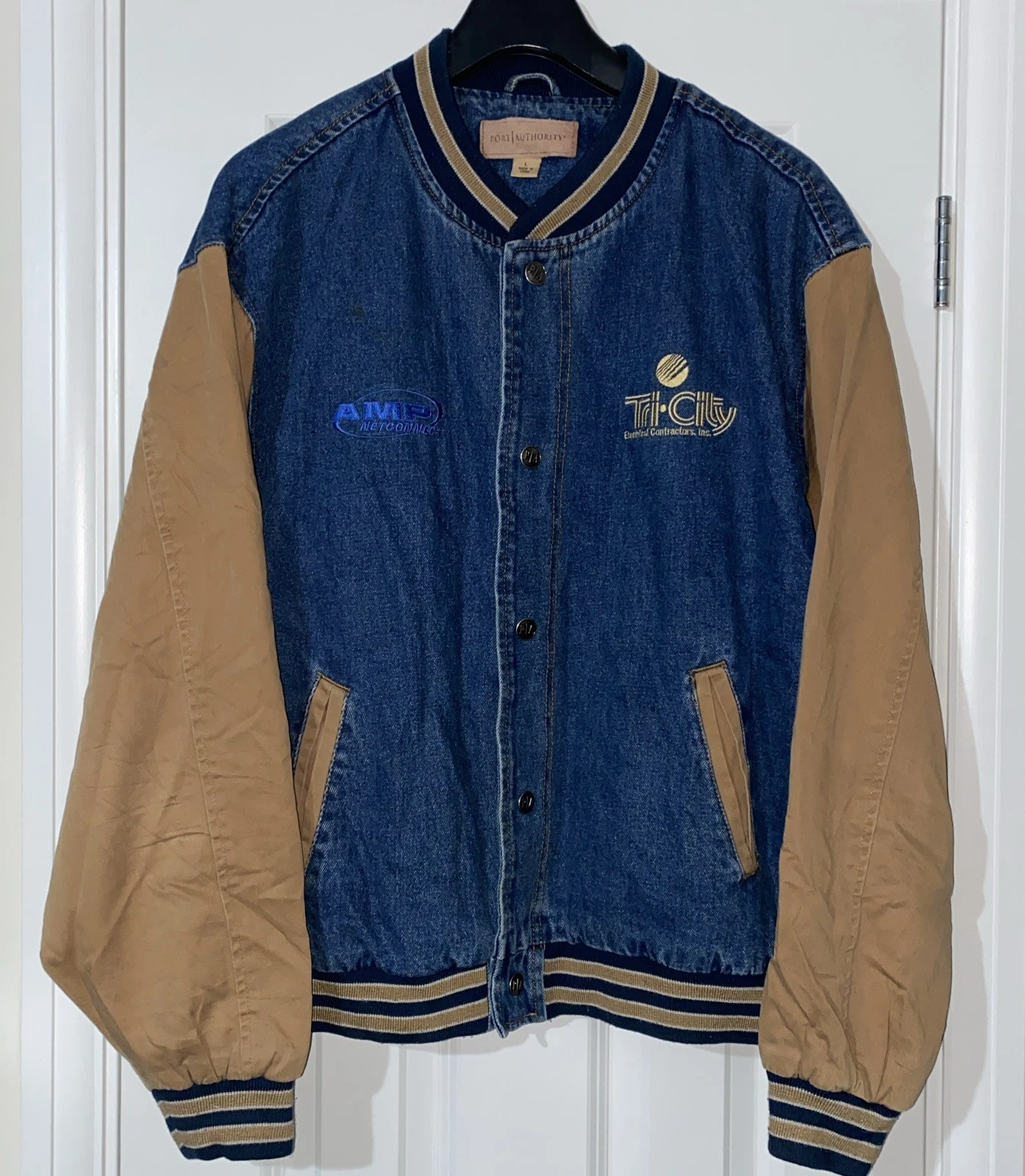 Vintage Port Authority Mens L Denim Varsity Bomber Jacket Blue Beige AMP TriCity