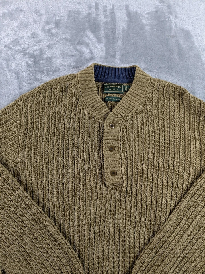 Suéter Filson Masculino XL Verde Henley Linho Algodão Malha Pulôver Preppy Outdoor - Imagem 2 de 4