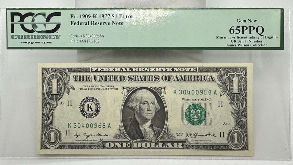 1977 $1 Error Federal Reserve Note PCGS FR 1909-K 65PPQ - Image 2 of 4