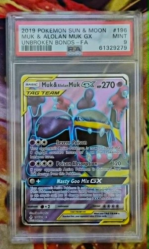 PSA 9 Muk & Alolan Muk GX 196/214 Unbroken Bonds Ultra Rare Pokémon 2019