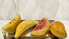 Set 4 Hand-Carved Alabaster Fruits on Italian Stainless Steel Tray gold accent