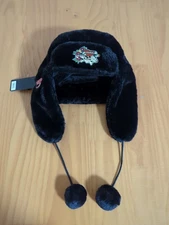 Ed Hardy Unisex Trapper Hat Black Faux Fur Pompoms Love Kills Skull NEW