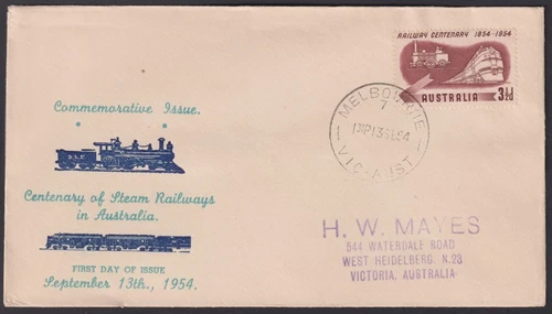AUSTRALIA - 1954 3½d RAILWAY CENTENARY Haslem FDC SG 278 FU [D9561]