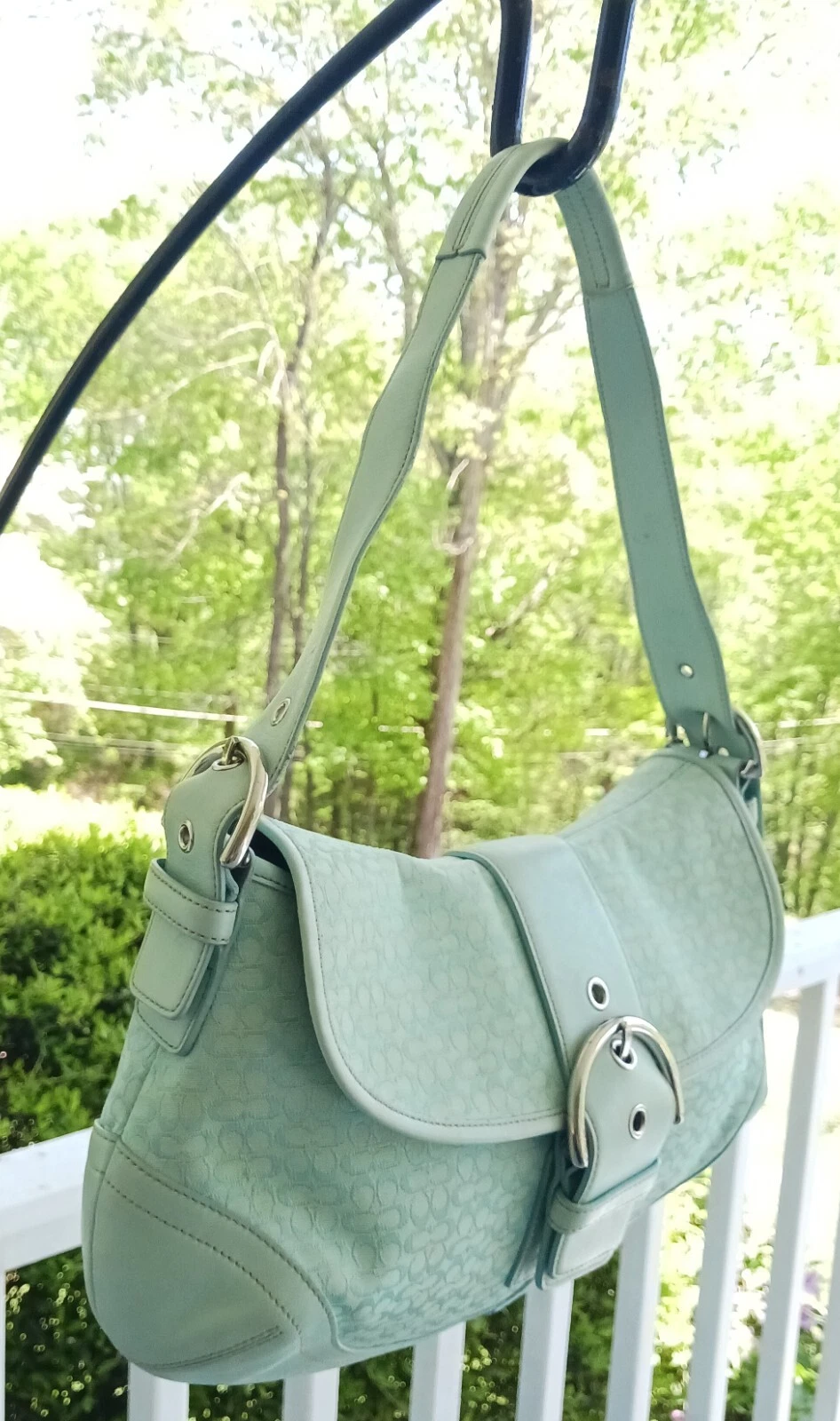 Borsa a tracolla Coach vintage F06808 Soho Robin Egg blu firma C e pelle