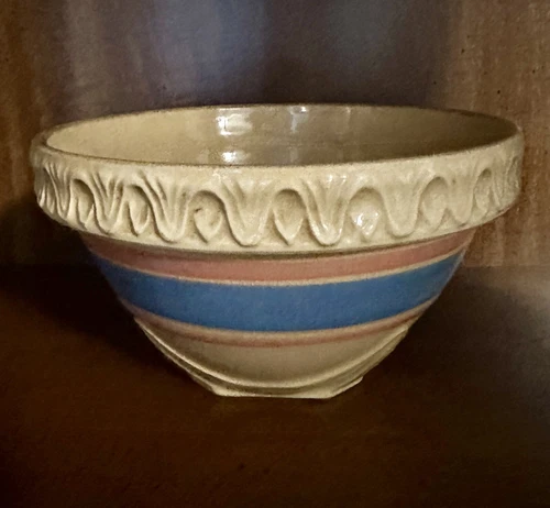 Vintage McCoy Pink & Blue Stripe Yellowware Pie Crust Edge Mixing Bowl 7.5"-#117