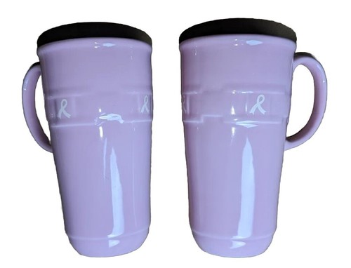 Longaberger Tall Latte Mugs SetOf 2 Breast Cancer Awareness 6+ Inch Height jan24 - Picture 3 of 13