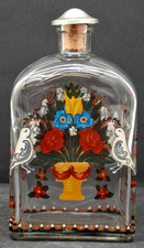 Vintage Glasflasche 0,7l Motiv Bauernmalerei Silberfarbener Korkverschluss