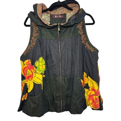 Art to Wear Vest Womens L Boho Avant Garde Hidden Hood Embroidered