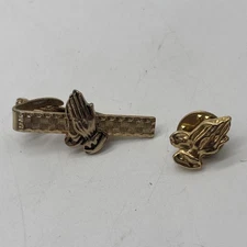 Vintage Praying Hands Tie Clasp AND Tac Pin Gold Toned Metal Lot Of 2 GUC