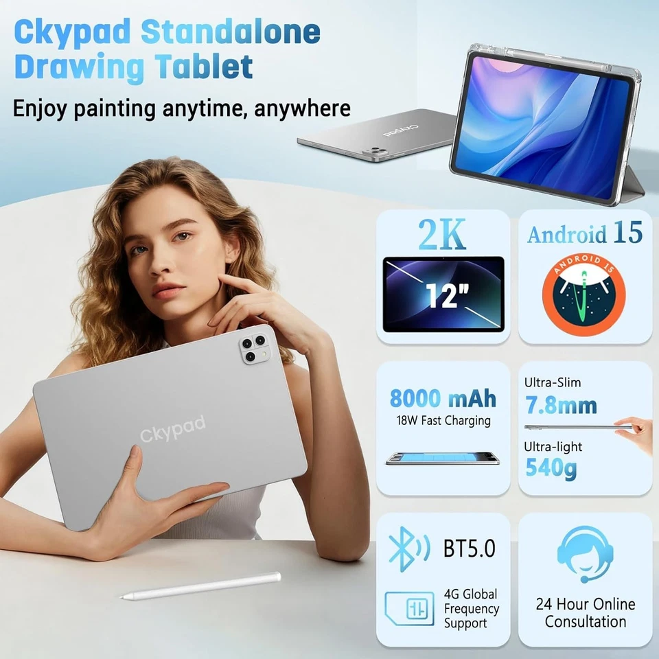 CKYPAD 12 Inch Android 15 Drawing Tablet, Anti-Glare, 16+256 Gb, 8000mAh, 4096 - Image 3 of 4
