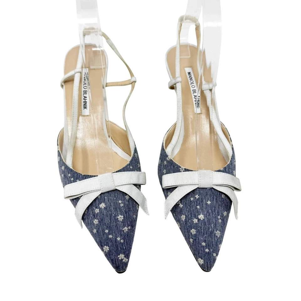 Manolo Blahnik цветочный бант слинга каблуки ЕС 40 синий Grosgrain отделки винтажный  - Изображение 2 из 4