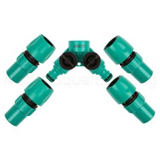 HOSE PIPE CONNECTOR KIT 5PC OUTSIDE TAP DUAL SHUT OFF QUICK FIX CLICK PLASTIC ST