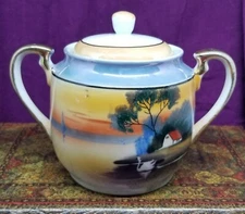 Hotta Yu Shoten & Co Vintage Sugar Bowl Creamer Lusterware Swan Lake River Scene